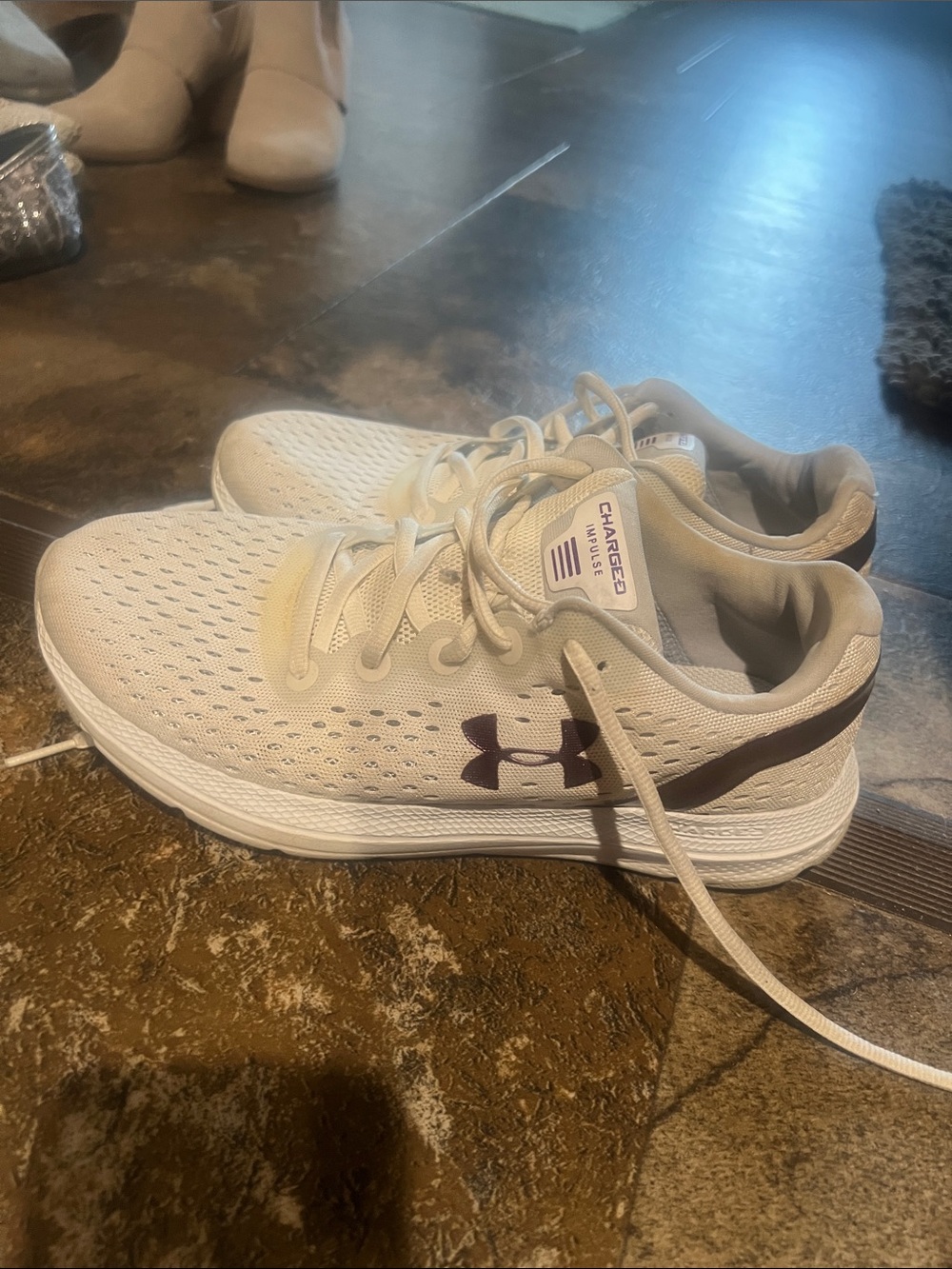 Under Armour Beige Mesh Running Sneakers with Purple Logo